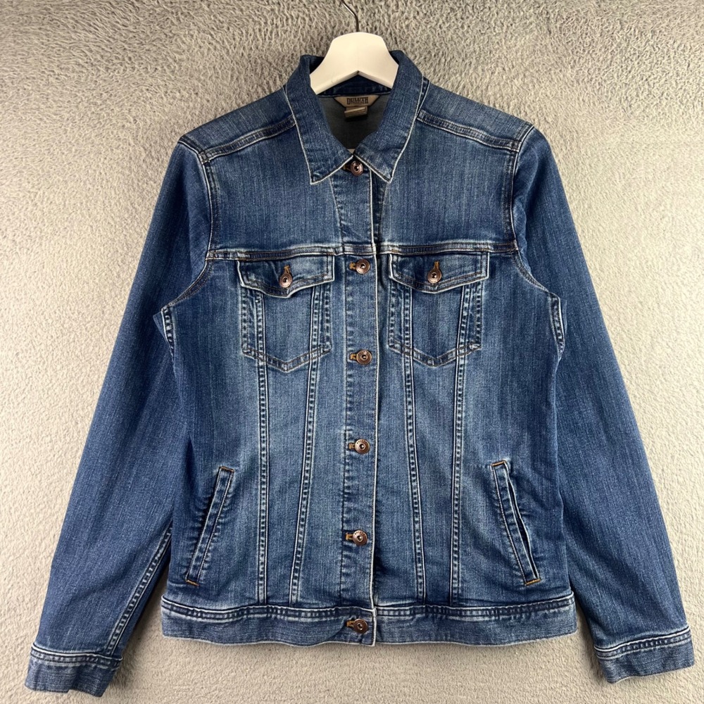 Duluth Trading Co Womens Medium Wash Denim Trucker Jacket Blue Small Stretch